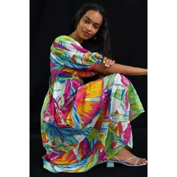 Anthropologie Farm Rio Rainbow Leaves Midi Dress XS NWT - Picture 2 of 5